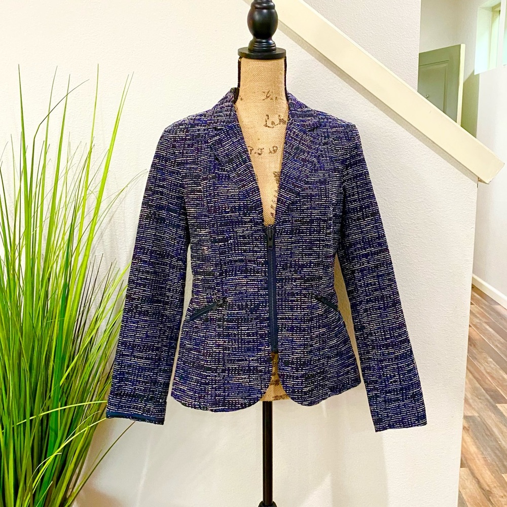 CAbi blazer with zippered front and pockets, royal blue & white, unlined